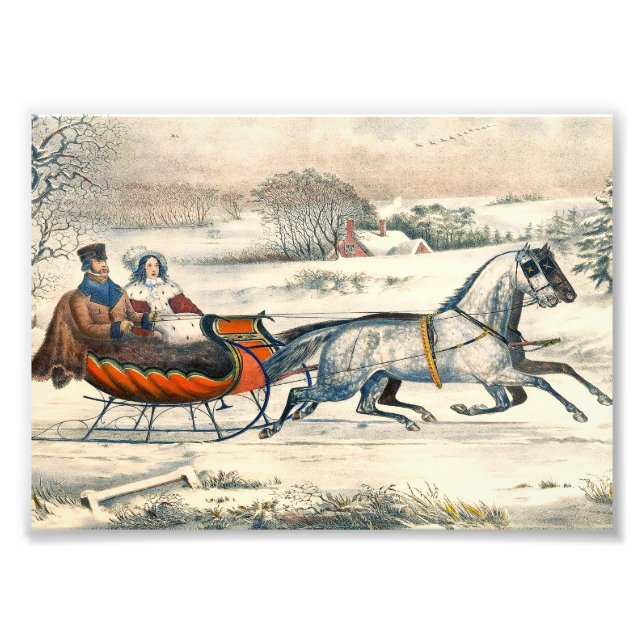 Klassischer 1853 Schlittenfahrt Currier Ives Straß Fotodruck (Vorne)
