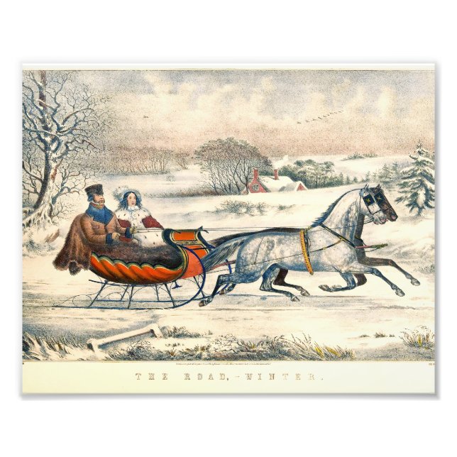 Klassischer 1853 Schlittenfahrt Currier Ives Straß Fotodruck (Vorne)