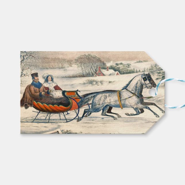 Klassischer 1853 Schlittenfahrt Currier Ives Straß Geschenkanhänger (Vorderseite (Horizontal))