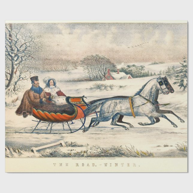 Klassischer 1853 Schlittenfahrt Currier Ives Straß Geschenkpapier (Flach)