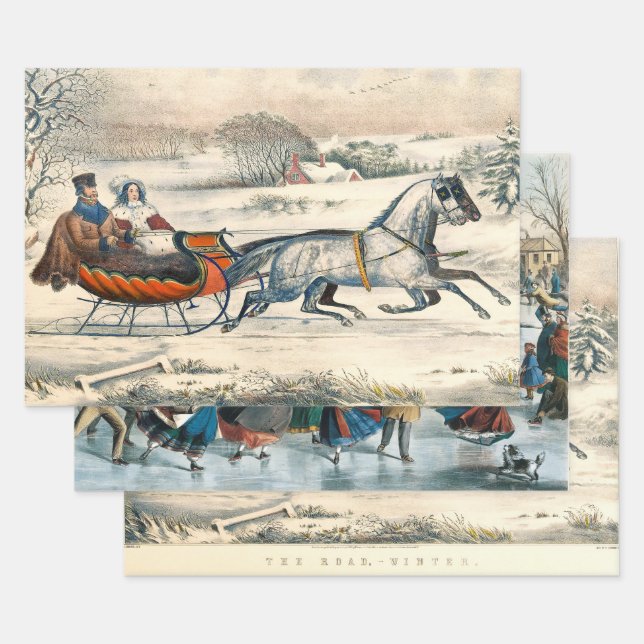 Klassischer 1853 Schlittenfahrt Currier Ives Straß Geschenkpapier Set (Set)