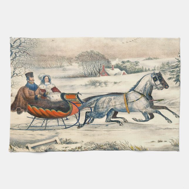 Klassischer 1853 Schlittenfahrt Currier Ives Straß Geschirrtuch (Horizontal)