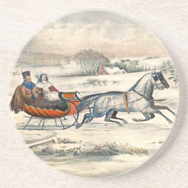 Klassischer 1853 Schlittenfahrt Currier Ives Straß Getränkeuntersetzer (Vorne)