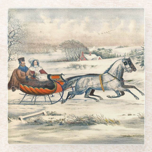 Klassischer 1853 Schlittenfahrt Currier Ives Straß Glasuntersetzer (Vorderseite)