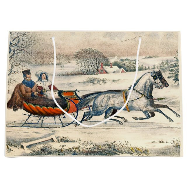 Klassischer 1853 Schlittenfahrt Currier Ives Straß Große Geschenktüte (Vorderseite)