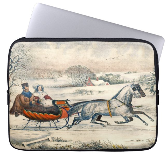 Klassischer 1853 Schlittenfahrt Currier Ives Straß Laptopschutzhülle (Vorderseite)