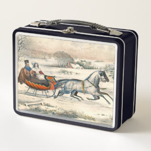 Klassischer 1853 Schlittenfahrt Currier Ives Straß Metall Brotdose