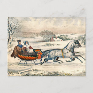 Klassischer 1853 Schlittenfahrt Currier Ives Straß Postkarte