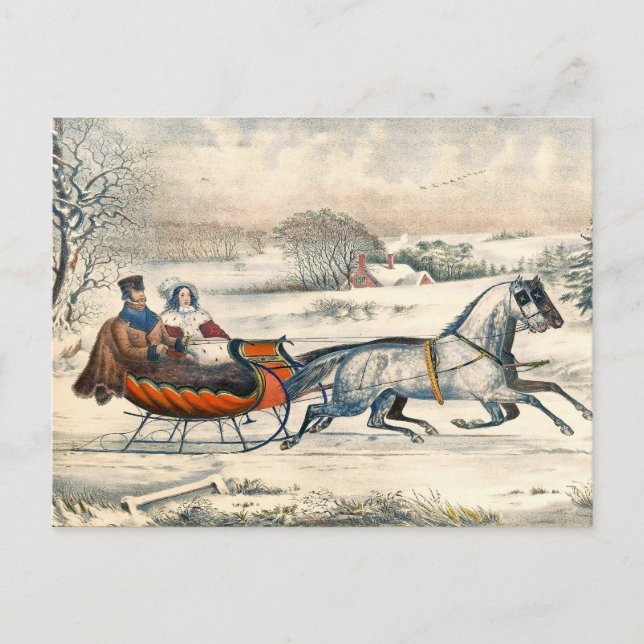 Klassischer 1853 Schlittenfahrt Currier Ives Straß Postkarte (Vorderseite)