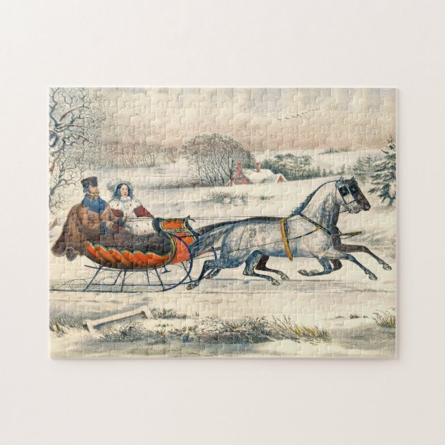 Klassischer 1853 Schlittenfahrt Currier Ives Straß Puzzle (Horizontal)