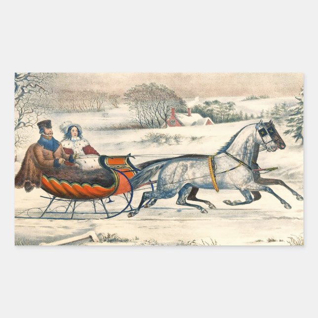Klassischer 1853 Schlittenfahrt Currier Ives Straß Rechteckiger Aufkleber (Vorderseite)