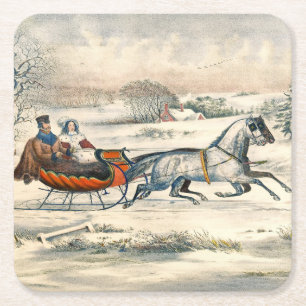 Klassischer 1853 Schlittenfahrt Currier Ives Straß Rechteckiger Pappuntersetzer