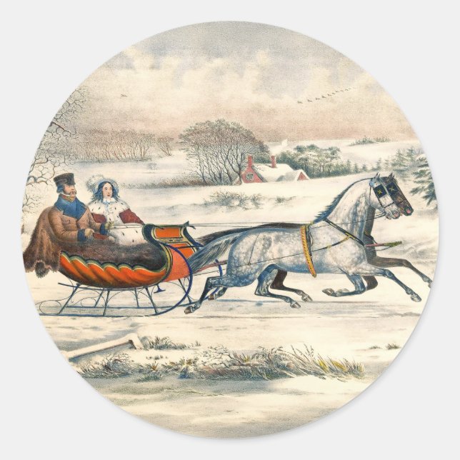 Klassischer 1853 Schlittenfahrt Currier Ives Straß Runder Aufkleber (Vorderseite)