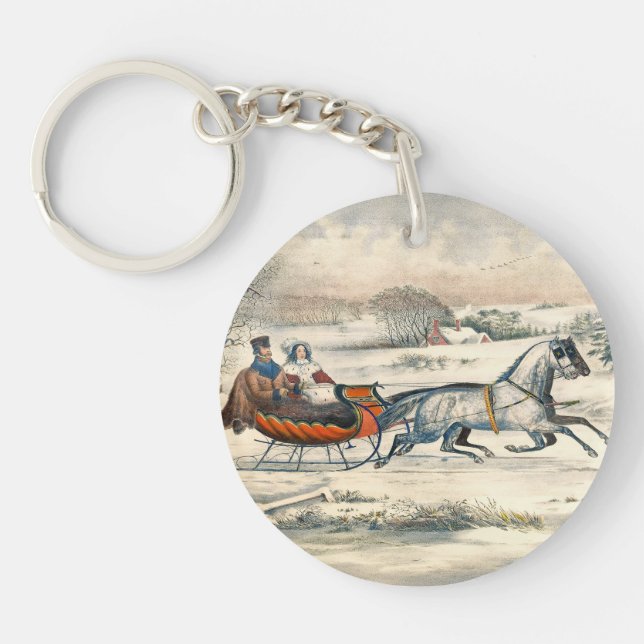 Klassischer 1853 Schlittenfahrt Currier Ives Straß Schlüsselanhänger (Vorderseite)
