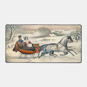 Klassischer 1853 Schlittenfahrt Currier Ives Straß Schreibtischunterlage