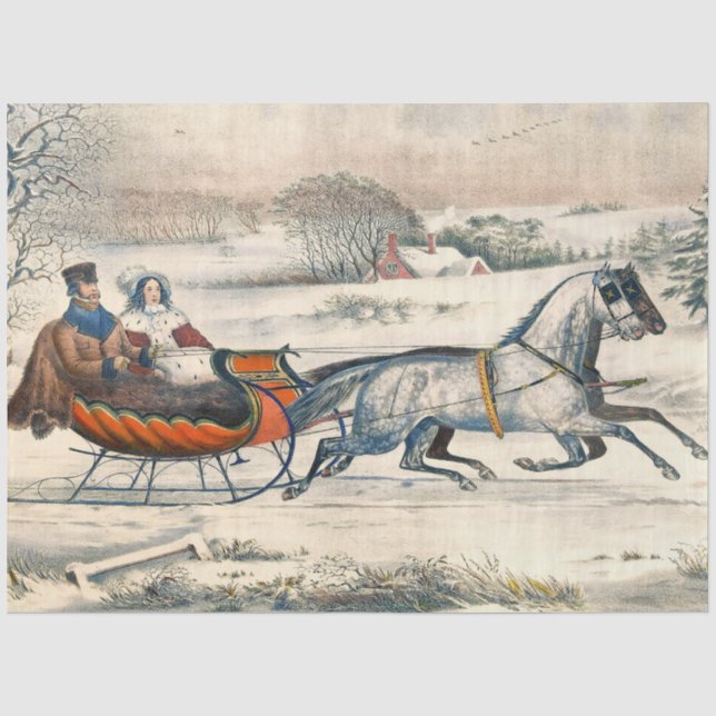 Klassischer 1853 Schlittenfahrt Currier Ives Straß Seidenpapier (Vorderseite)