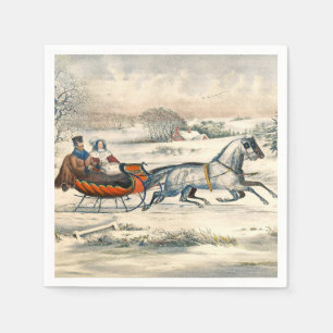 Klassischer 1853 Schlittenfahrt Currier Ives Straß Serviette