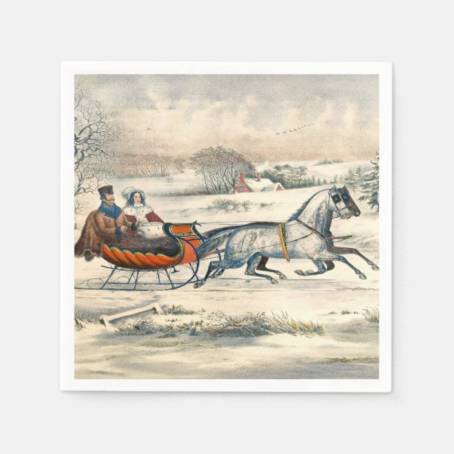 Klassischer 1853 Schlittenfahrt Currier Ives Straß Serviette (Vorderseite)