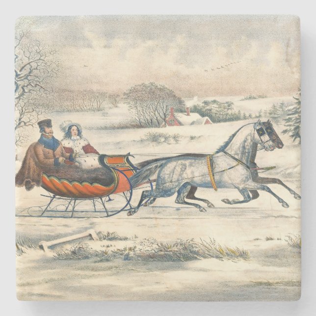 Klassischer 1853 Schlittenfahrt Currier Ives Straß Steinuntersetzer (Vorderseite)
