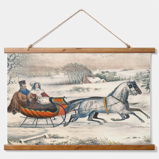 Klassischer 1853 Schlittenfahrt Currier Ives Straß Wandteppich Mit Holzrahmen (Vorne)