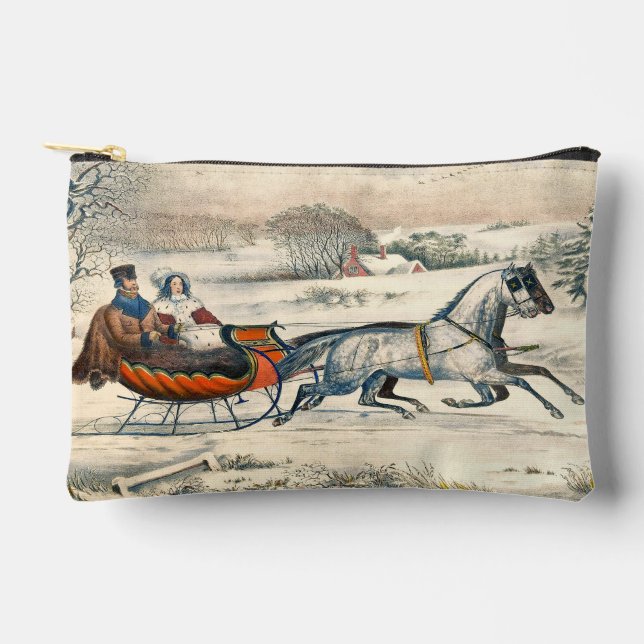 Klassischer 1853 Schlittenfahrt Currier Ives Straß Zubehörtasche (Vorderseite)