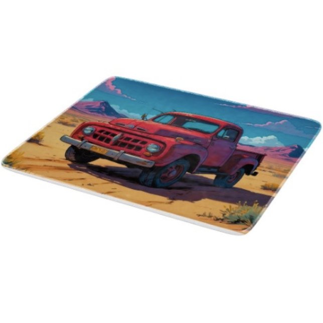 Klassischer amerikanischer Lieferwagen Schneidebrett (Retro Red Pickup Truck glass cutting board hand-pressed tempered glass five different sizes.)