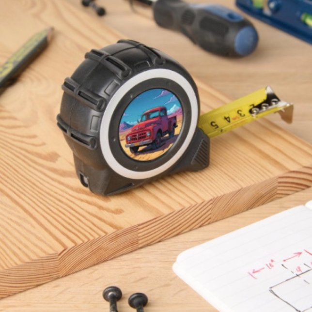 Klassischer amerikanischer Pick-up Maßband (Vintage Red Truck Desert Moon tape measure  inches on one side with metrics on the other. 
)