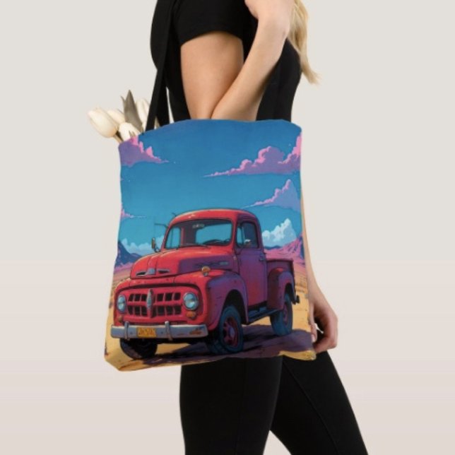 Klassischer amerikanischer Pickup (Retro Red Pickup Truck Desert Travel Tote Bag, laminated lining for extra support.  Made in the USA.)
