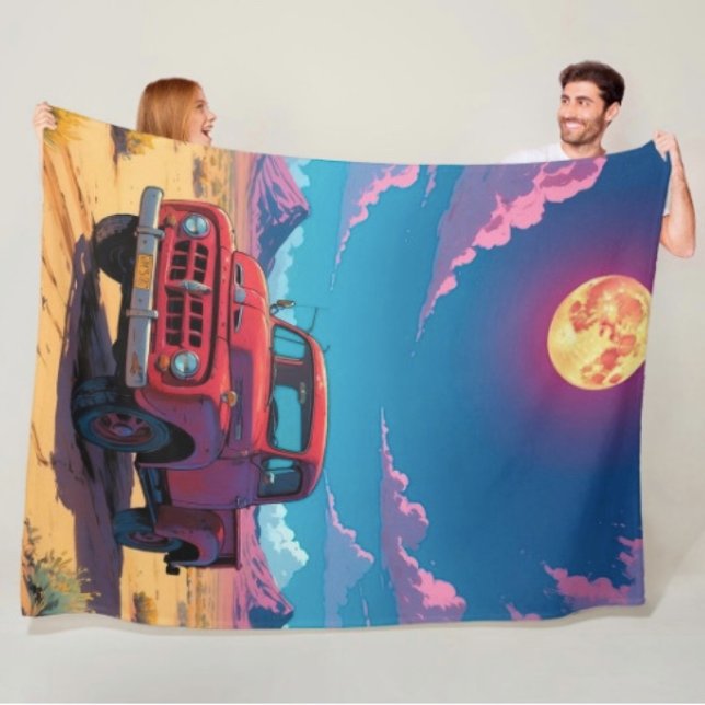Klassischer amerikanischer Pickup-Fleece-Decke Fleecedecke (Retro Red Pickup Truck Desert Moon blanket - soft and colourful available  in 3 different sizes. )