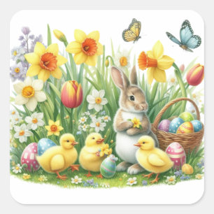 Klassischer/antiker Osterhase/Huhn Quadratischer Aufkleber
