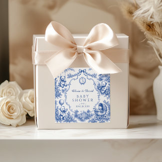 Klassischer blauer Toile-Teddybär-Baby-Party-Aufkl Quadratischer Aufkleber