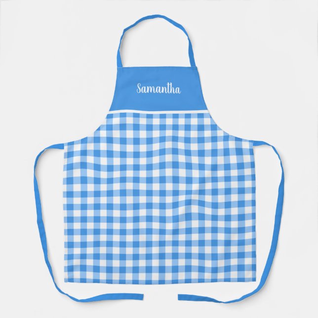 Klassischer Blauer und Weiß Gingham Name Personali Schürze (Vorderseite)