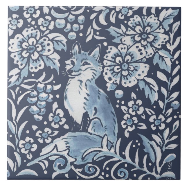 Klassischer Blauer Verzierter Fox Wald Blumenart Fliese (Vorderseite)