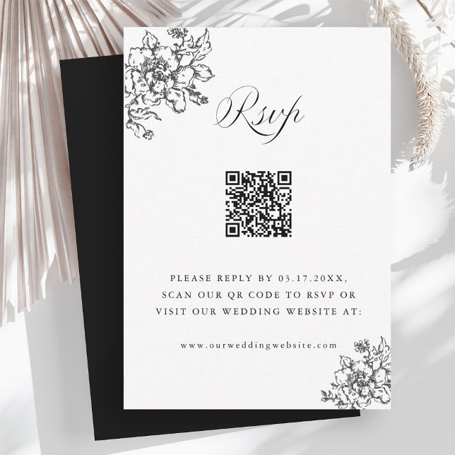 Klassischer Bloom Garden Black & White Wedding QR  RSVP Karte (Von Creator hochgeladen)