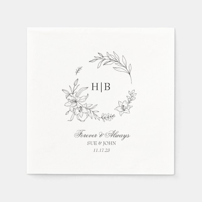 Klassischer Blumenkranz-Monogramm-Hochzeit Serviette (Vorderseite)