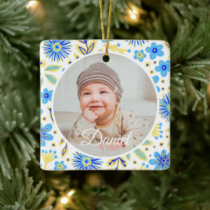 Klassischer Blumenrahmen Baby's erstes Weihnachten Keramikornament