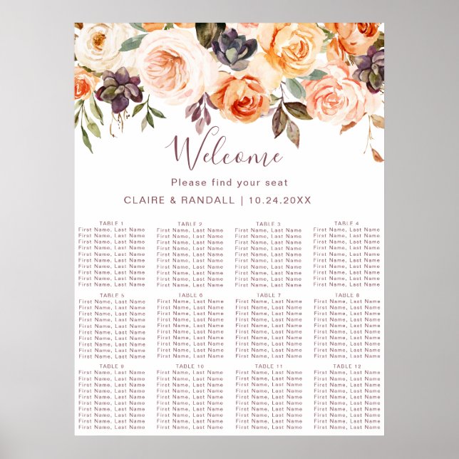 Klassischer Boho-Blumen-Hochzeits-Sitzplan Poster (Vorne)