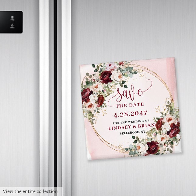 Klassischer Boho Marine-Rosa Gold Blumen Save the  Magnet (Classic Boho Maroon Blush Gold Floral Save the Date Magnet

)