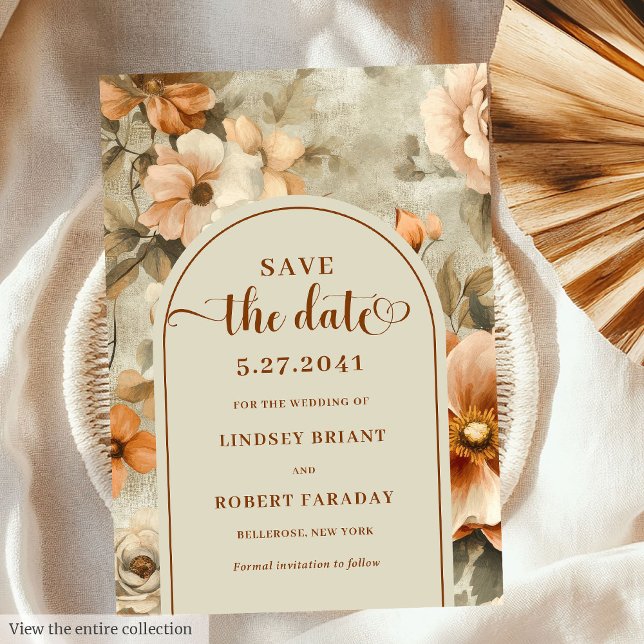 Klassischer Boho-Terrakotta-Oliven-Blumen-Save-Dat Einladung (Classic Boho Terra Cotta Olive Floral Save The Date)