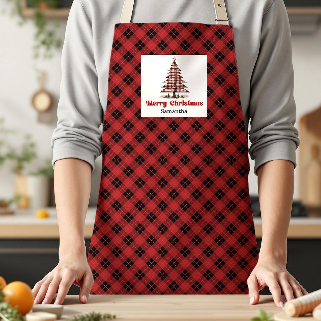 Klassischer Buffalo-Karierter-Weihnachtsbaum Perso Schürze (Classic Buffalo Plaid Tree Personalized Holiday Apron Gift)