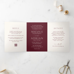Klassischer Burgund QR Code Elegante Hochzeit Dreifach Gefaltete Einladung