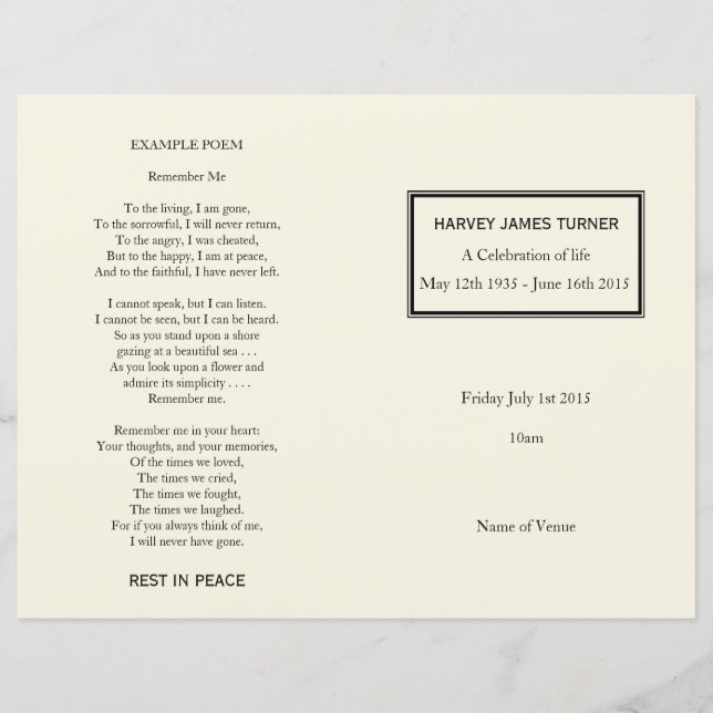 Klassischer Cremeorden des Beerdigungsprogramms (Vorderseite)