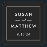 Klassischer Donnerkorb mit individueller Hochzeits Quadratischer Aufkleber<br><div class="desc">Ein personalisierter Hochzeitsaufkleber in Schwarz/Weiß. Verwenden Sie als Umschlag Aufkleber oder Bevorzugung Tag. Ändern Sie Ihre Informationen mithilfe des Vorlagenformulars.</div>