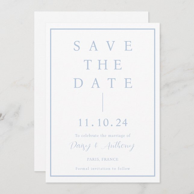 Klassischer Dusty Blue Border | Einfaches Elegant Save The Date (Vorne/Hinten)