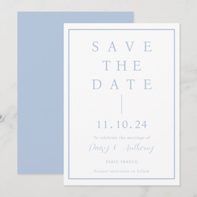 Klassischer Dusty Blue Border | Einfaches Elegant Save The Date (Vorne/Hinten)