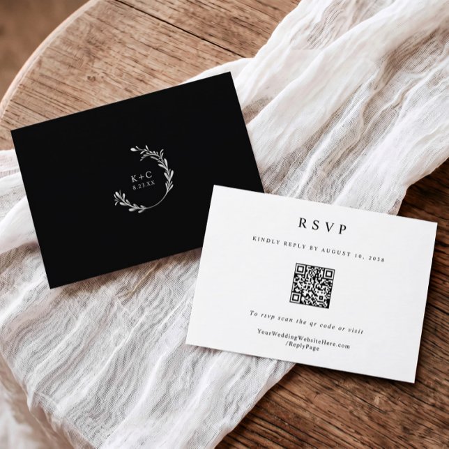 Klassischer einfacher Eleganter Moderner QR Code f RSVP Karte (Elegant black and white rsvp card with QR code.)
