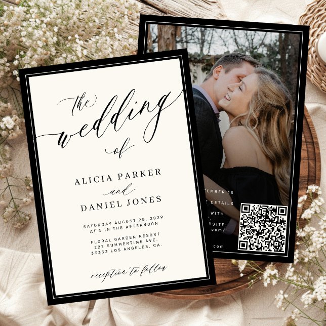 Klassischer eleganter Skript-QR-Code-Foto-Hochzeit Einladung (Von Creator hochgeladen)