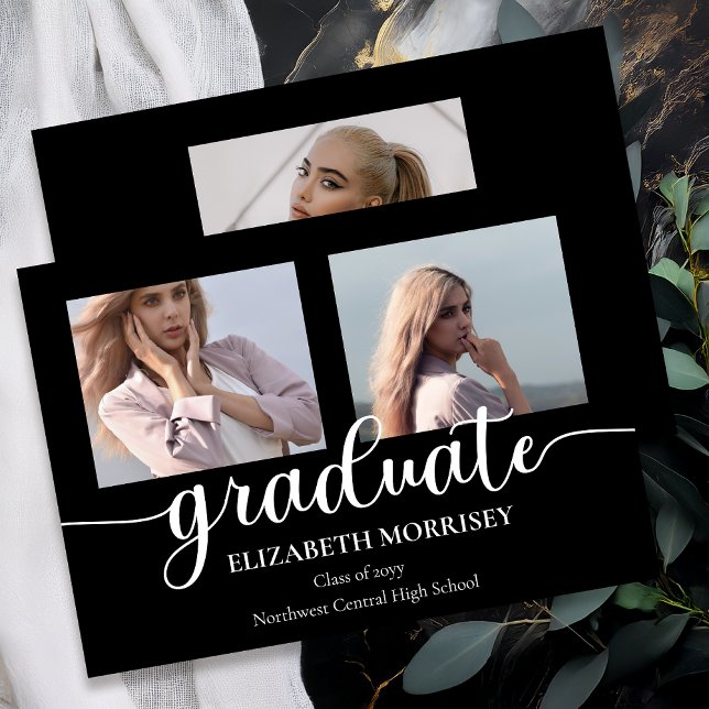 Klassischer Eleganter Skript-Text Abschluss 3 Foto Ankündigung (Classy Elegant Script Text Graduate 3 Photo Black | White Graduation Announcement - Print | Digital)
