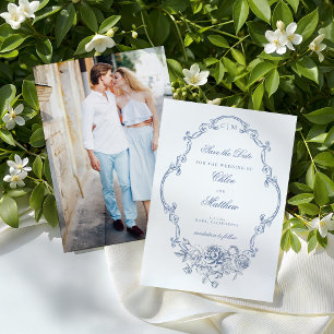 Klassischer Eleganter Staubblauer Blumenrahmen Hoc Save The Date