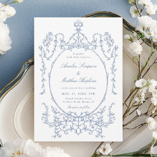 Klassischer floraler Rahmen Dusty Blue Hochzeit Einladung